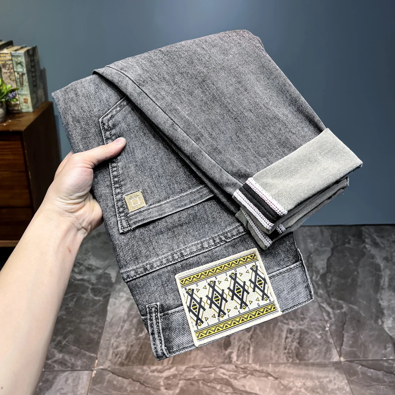 【2023早秋薄款】男士春夏印花牛仔裤男款弹力修身小直筒轻奢时尚