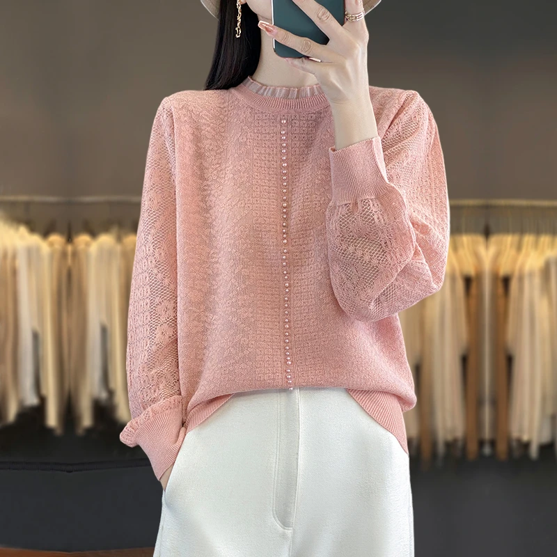 蕾丝钉珠洋气打底羊毛衫长袖春秋季宽松薄款针织上衣减龄时尚毛衣