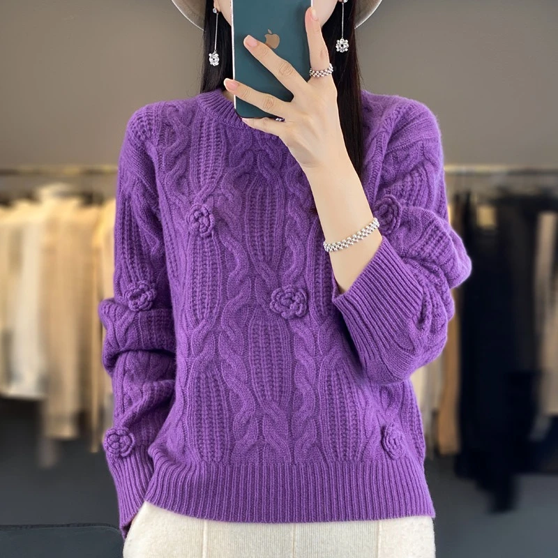 羊毛衫女圆领重工钩花纯色针织套头毛衣秋冬新款减龄羊绒上衣打底