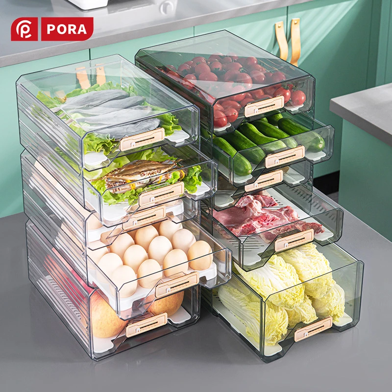 PORA冰箱保鲜收纳盒抽屉式鸡蛋盒厨房大容量果蔬保鲜储物盒带沥水