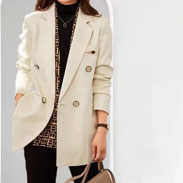 精仿羊毛设计师双排扣百搭休闲西服时尚气质长袖轻奢纯色网红西装