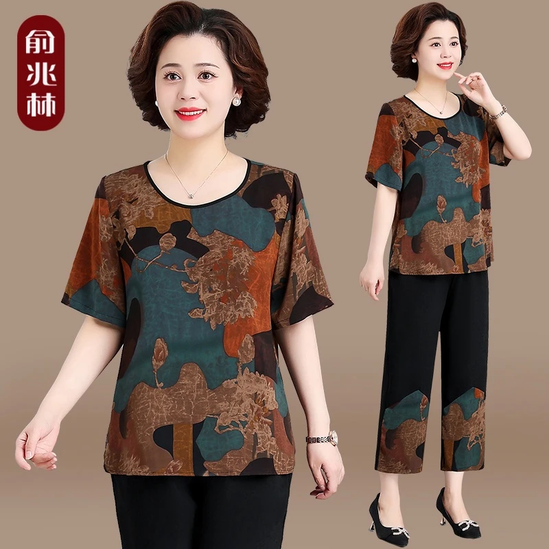 中年妈妈夏装夏天2025新款洋气短袖上衣中老年女装印花云香纱小衫