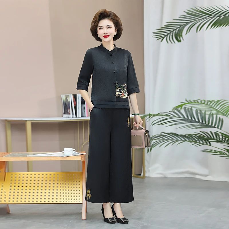 新中式妈妈春夏套装洋气中老年国风衬衫新中式女装贵夫人春装上衣