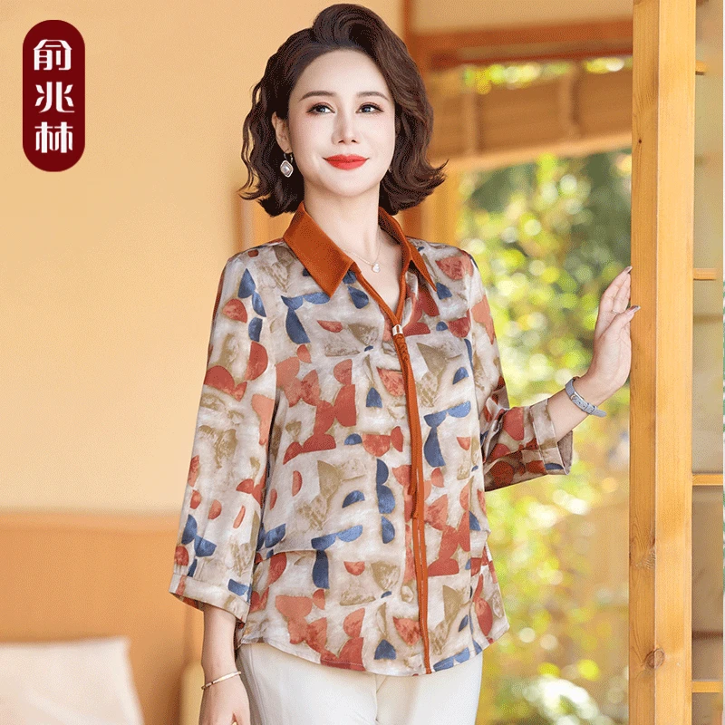 妈妈秋装2024新款雪纺小衫洋气时尚七分袖上衣中老年女装夏季衬衣