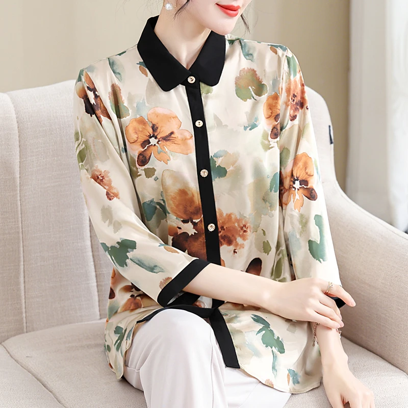 妈妈春装雪纺小衫2024新款中老年女春夏七分袖衬衫气质高级感女装