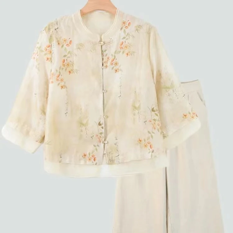 妈妈装春夏装薄款时尚复古国风两件套中老年女装中年洋气气质上衣