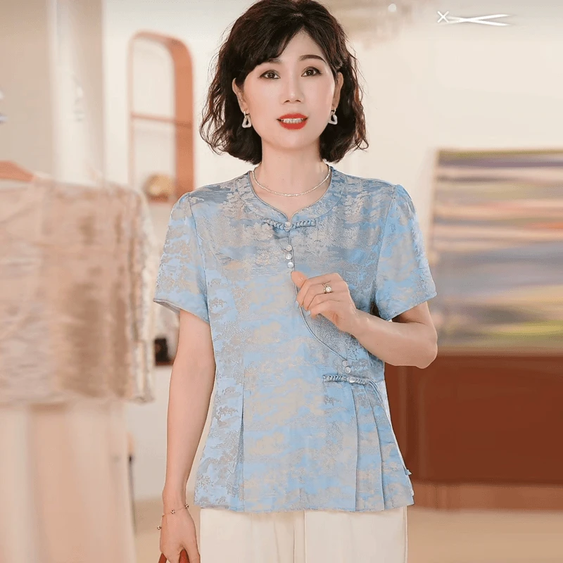 中年妈妈夏装国风小衫t恤衣服2024新款衬衫洋气质中老年女装套装