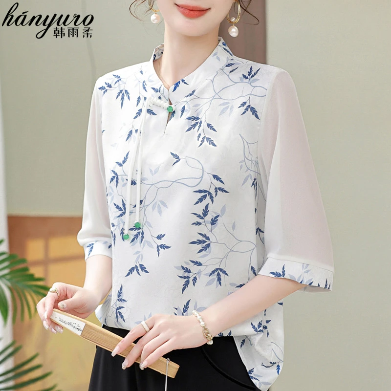 新中式妈妈夏装雪纺衫套装洋气中老年女装国风上衣春夏季中袖衬衫
