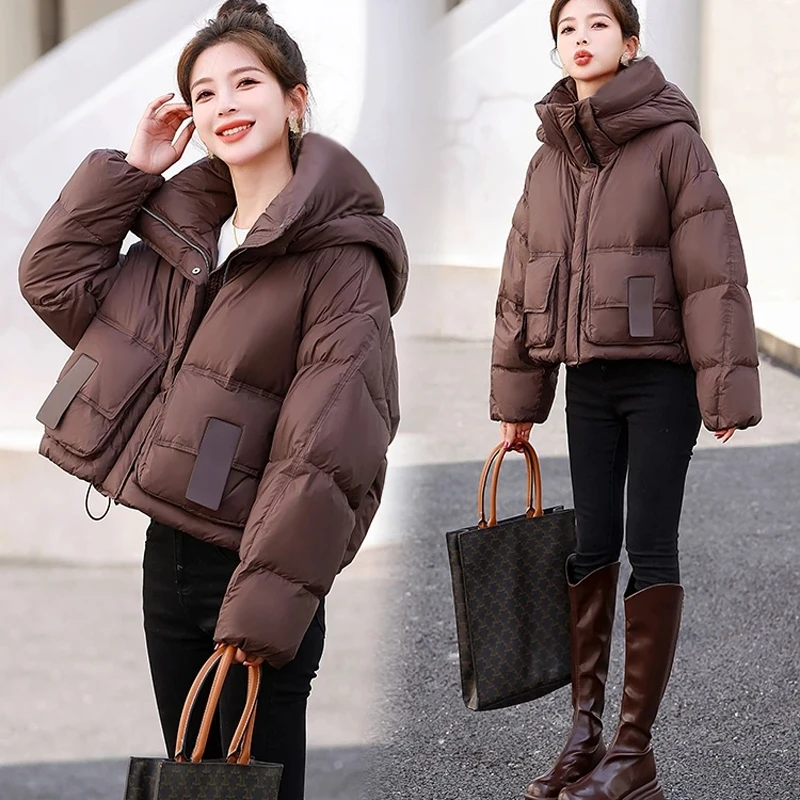 品牌短款连帽棉服女2024年冬季新款保暖宽松棉衣面包服小个子外套