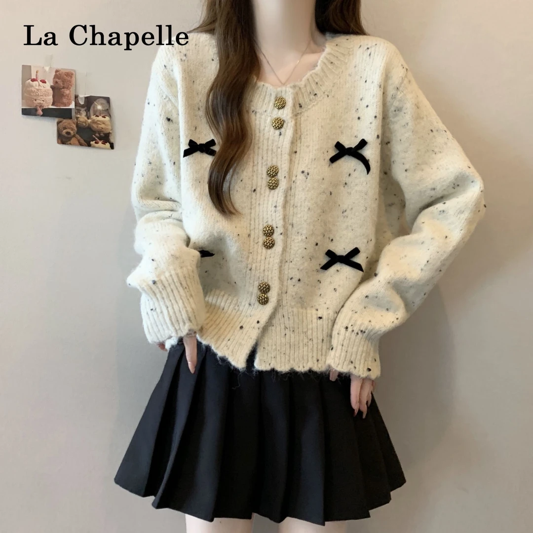 拉夏贝尔千金风软糯针织开衫女秋冬季大码显瘦蝴蝶结内搭毛衣上衣