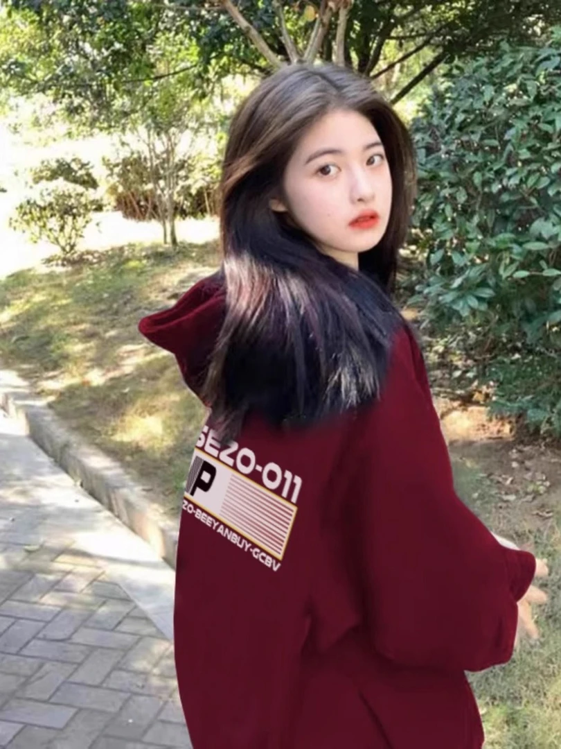 【小扬哥臻选】酒红色复古加绒加厚卫衣女秋冬2023新款美式连帽宽