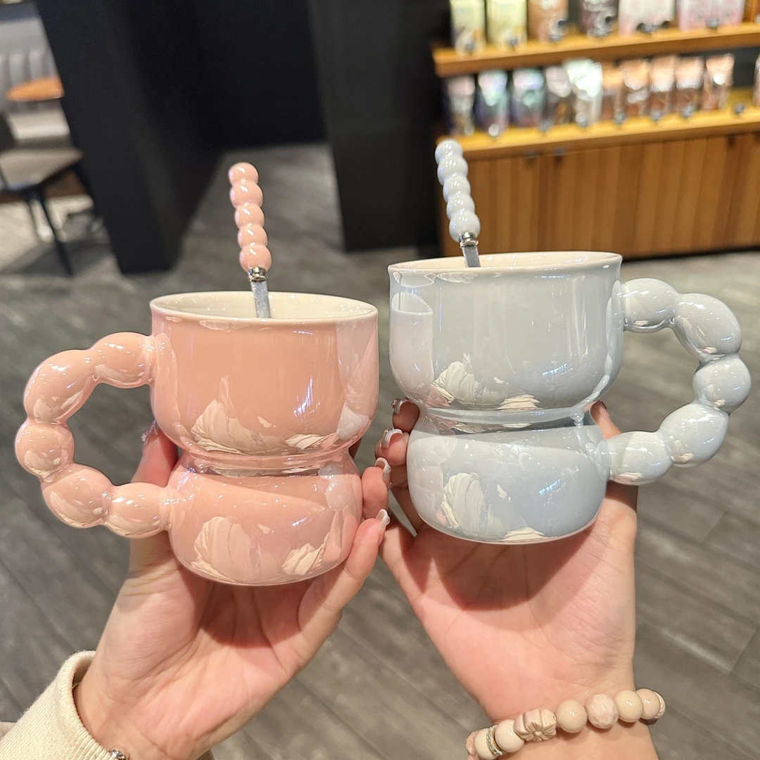 北欧炫彩珍珠手把马克杯子高颜值情侣对杯创意精致少女心生日礼物