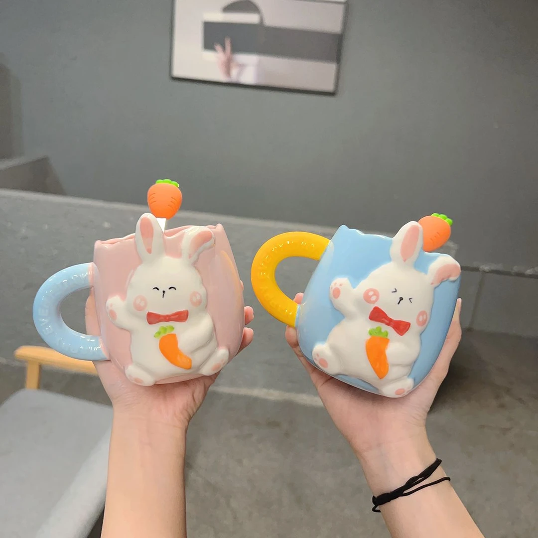 浮雕兔子陶瓷马克杯带勺女生可爱ins情侣一对水杯大容量咖啡杯子