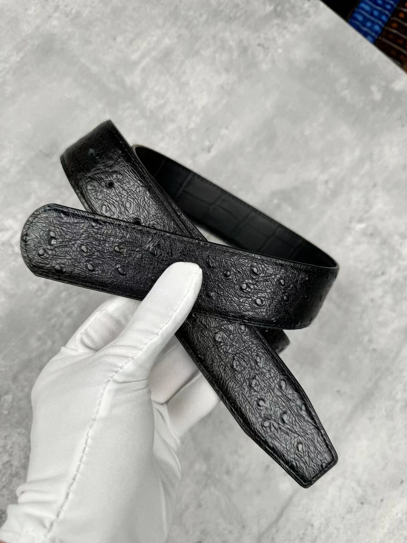 高档时尚皮带鸵鸟纹鳄鱼纹双面腰带无扣 男士3.8宽款式无扣