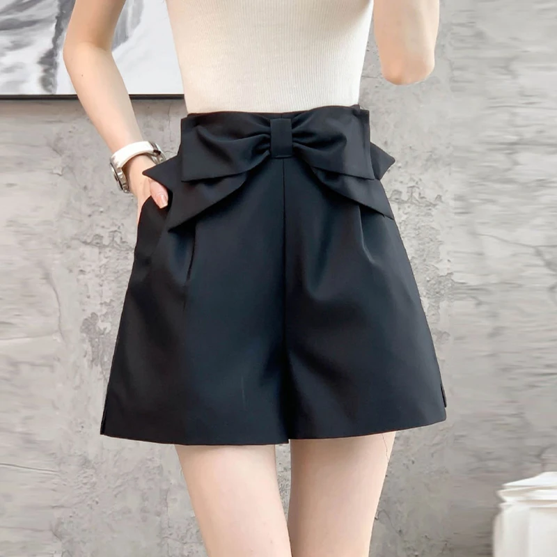 黑色遮肉短裤女款夏天时尚百搭设计感蝴蝶结a字高腰西装阔腿热裤