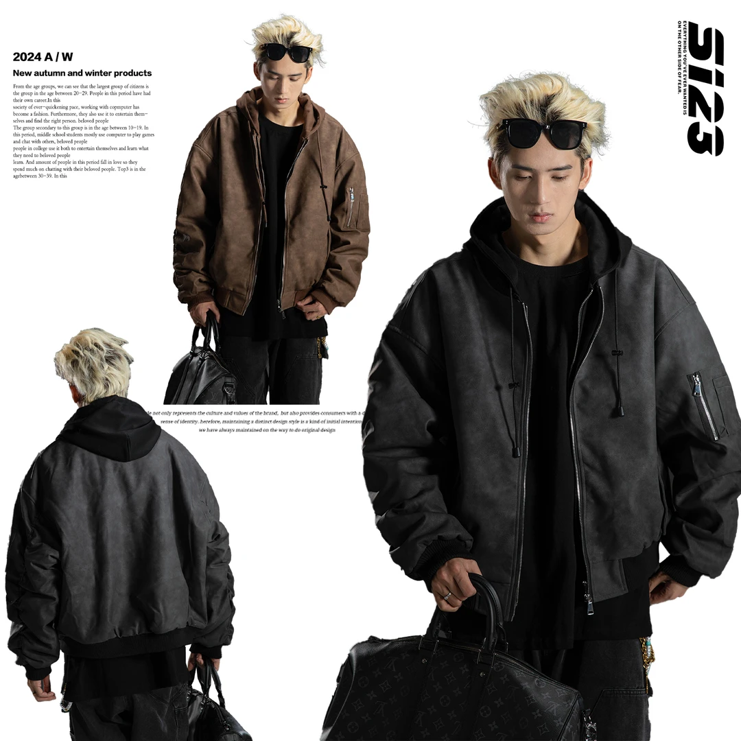 聪明陈红人上新美拉德假两件夹克男秋冬新款高级连帽机车开衫外