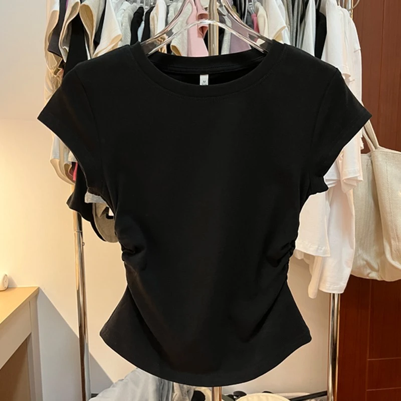 纯色正肩t恤短袖女夏季修身显瘦短款不规则卡腰收腰灰色上衣黑色