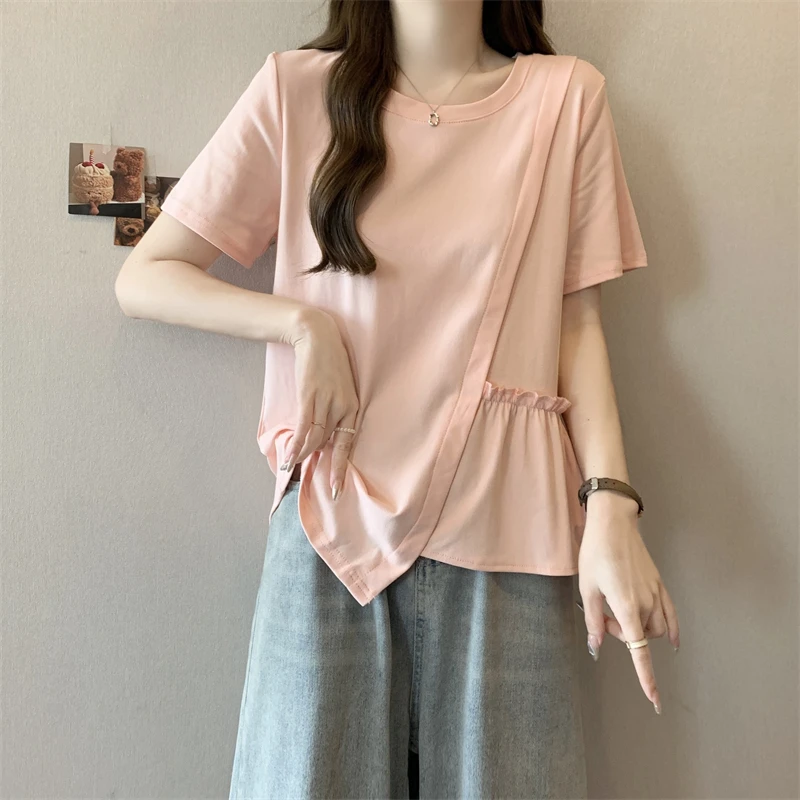 韩版新款不规则短袖纯棉t恤女夏装休闲宽松显瘦百搭圆领纯色上衣