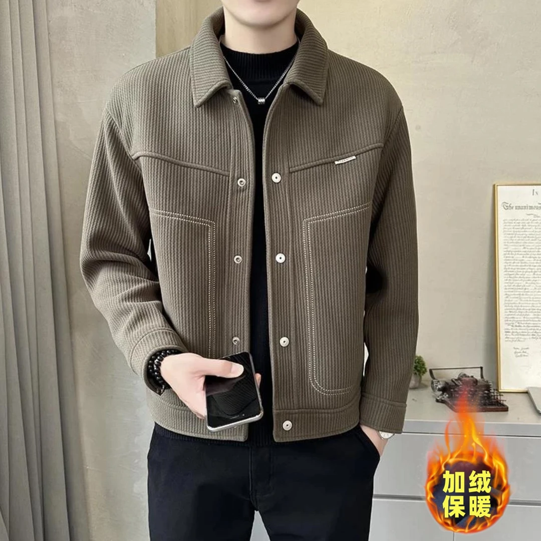 2024秋冬高克重毛呢面料加绒加厚过冬时尚翻领保暖夹克休闲外套男