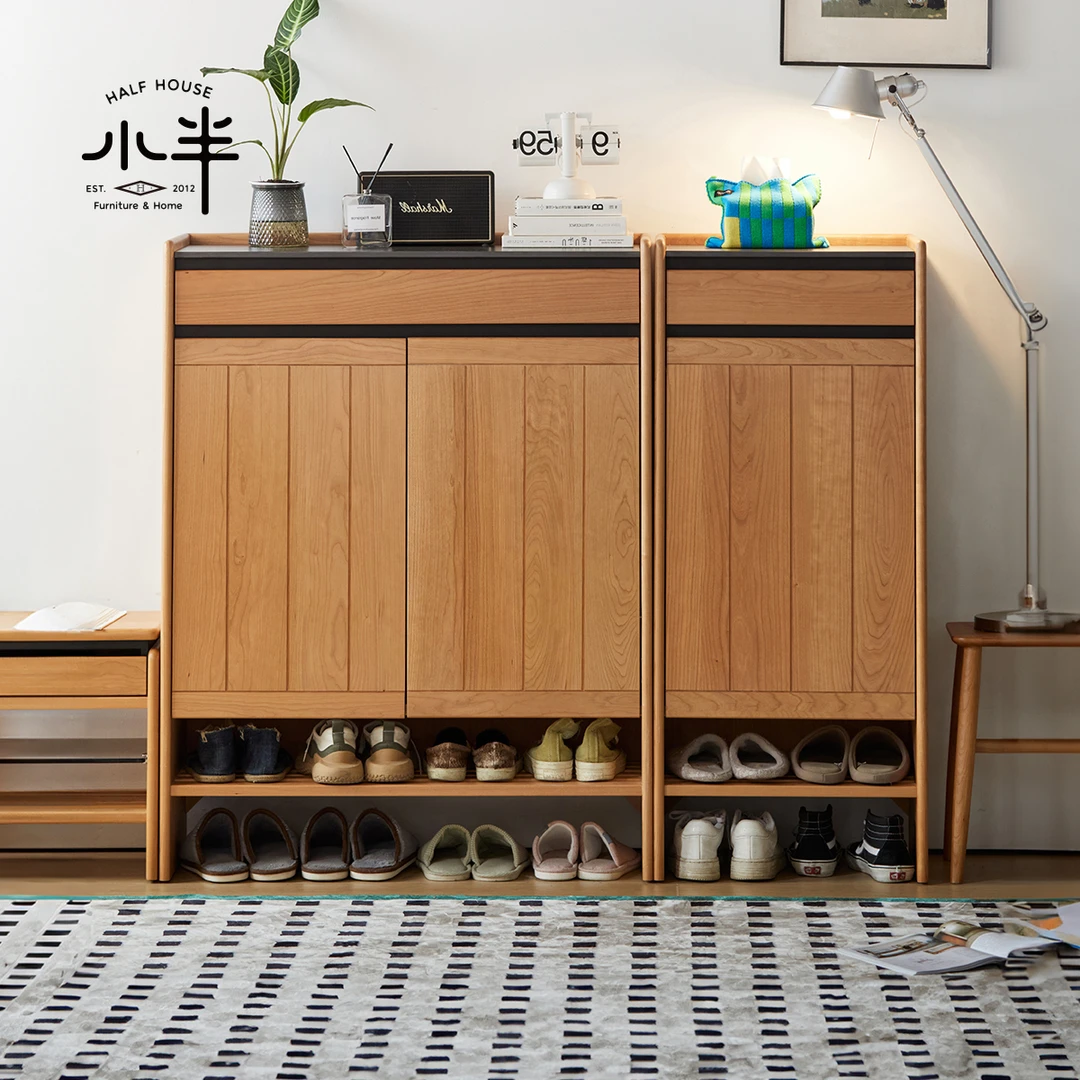 小半家具实木鞋柜门口超薄置物柜岩板日式樱桃木入户大容量玄关柜