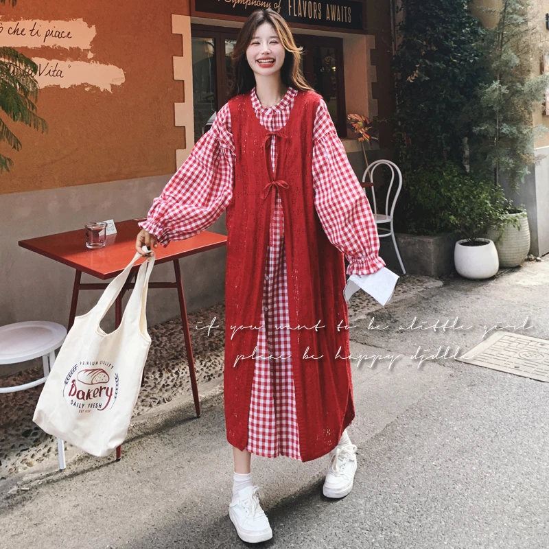 安可拉红色格子罩衫连衣裙女春秋两件套装裙叠穿小清新衬衫裙