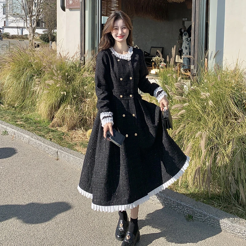 法式小香风黑色长袖连衣裙女春秋新款温柔风设计感超好看长裙