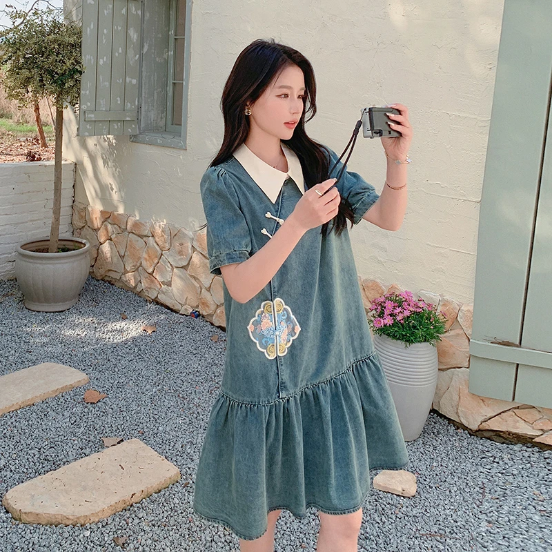 新中式国风牛仔连衣裙女夏季新款复古宽松时髦大码女装减龄裙子