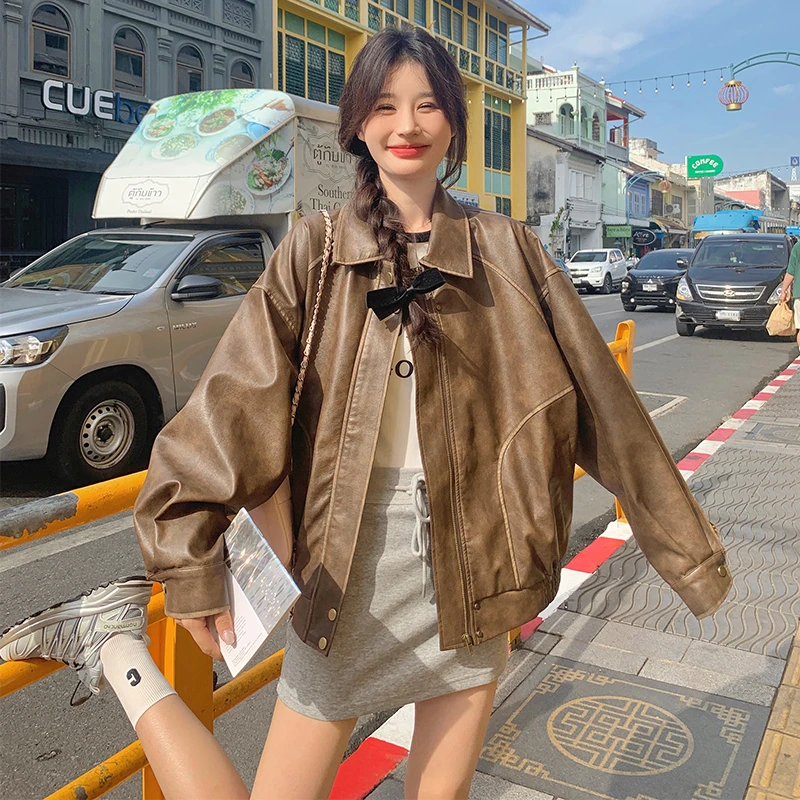 美拉德复古感擦色做旧棕色皮衣女春秋宽松甜酷机车美式夹克短外套