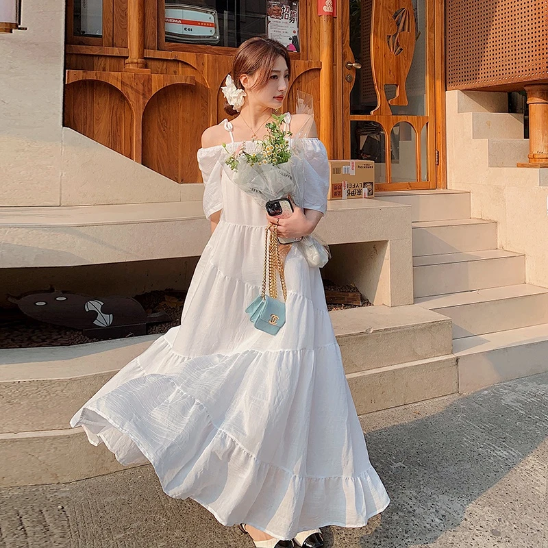 法式初恋白色露肩吊带连衣裙女2023夏新款一字肩显瘦仙女长裙503