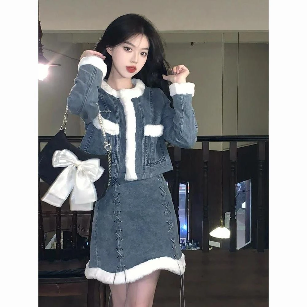 小香风名媛套装女冬高级感超好看韩风chic牛仔外套潮流设计感小众