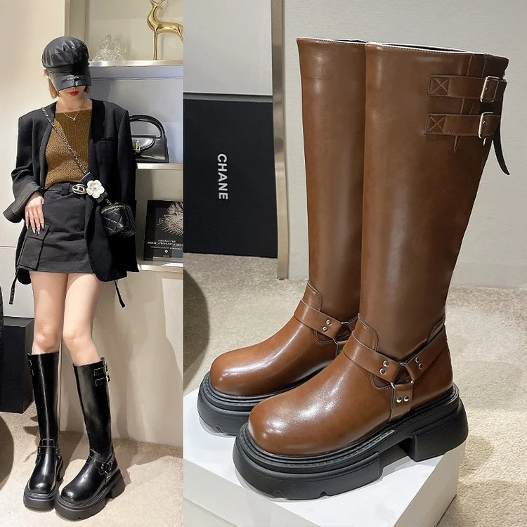 长靴女鞋2024新款厚底时尚英伦风皮靴23-21