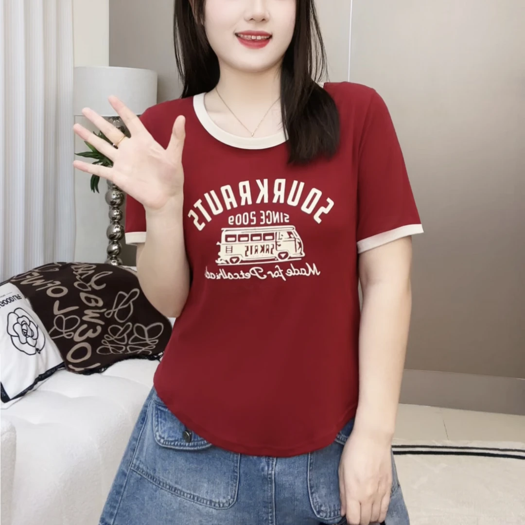 大码女装2024夏季新款拼色圆领百搭胖妹妹时尚显瘦洋气短袖上衣女