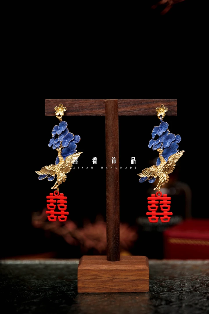 锌合金耳饰 喜看优选双喜飞鸟新中式百搭耳饰