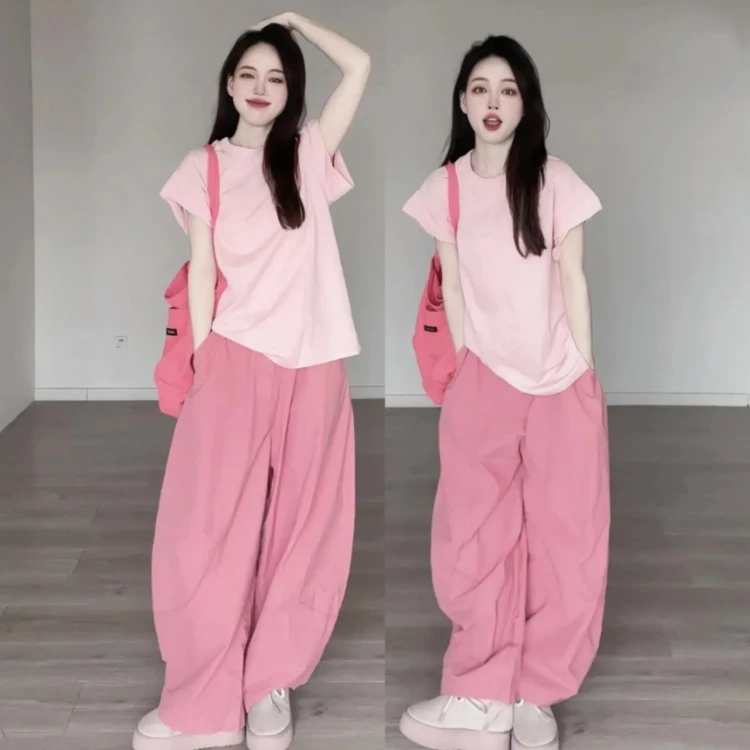 夏日多巴胺短袖上衣阔腿裤两件套女装韩版休闲套装夏季宽松洋气