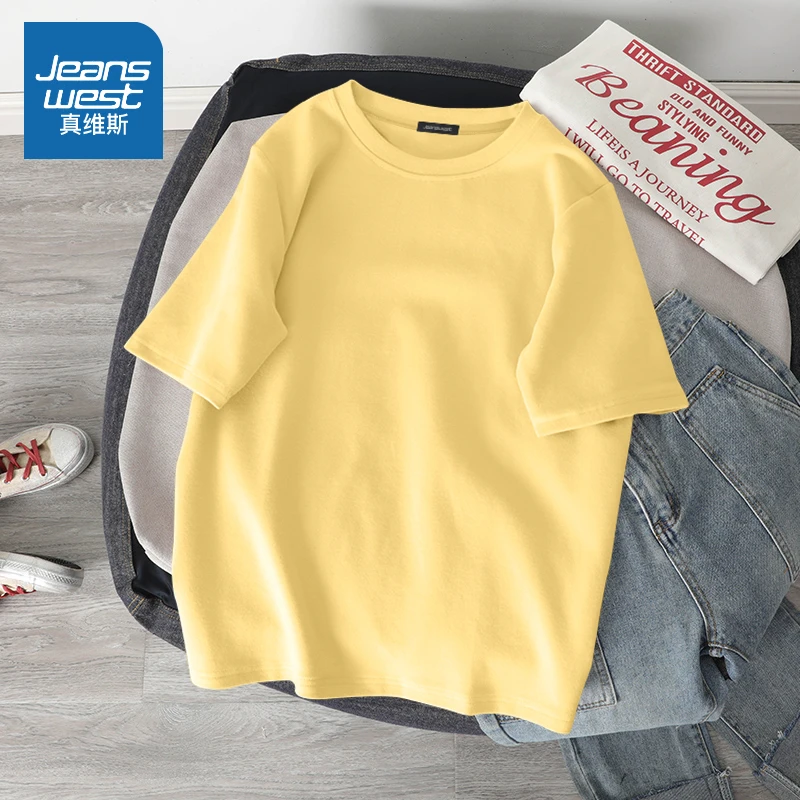 真维斯 鹅黄色纯棉短袖t恤女士夏季奶fufu上衣小众设计感潮流体恤