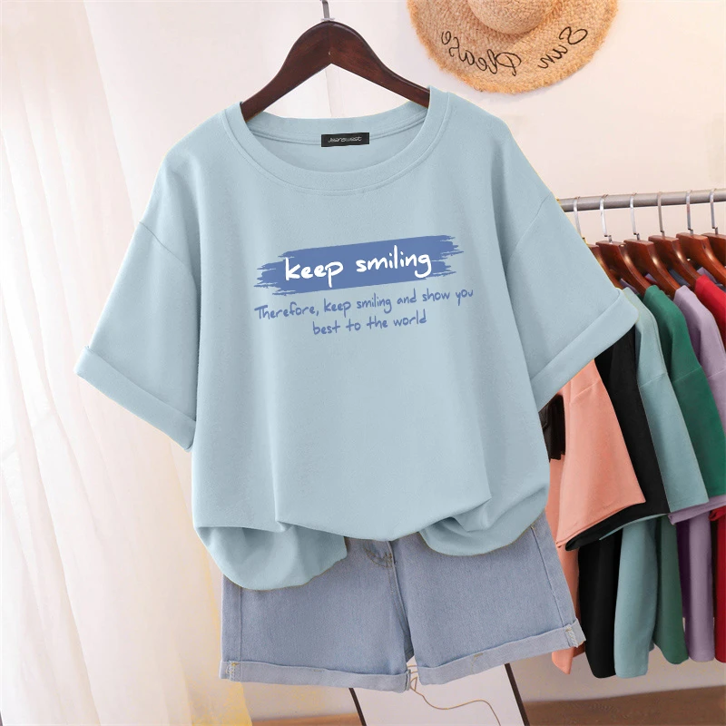 真维斯 蓝色短袖t恤女夏季新款纯棉上衣半袖体恤慵懒风内搭打底衫