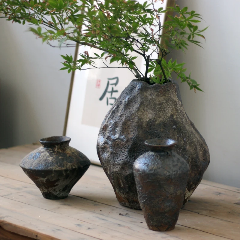 侘寂风陶罐花瓶复古禅意茶室餐桌摆件仿古陶艺民宿插花器水培瓷器