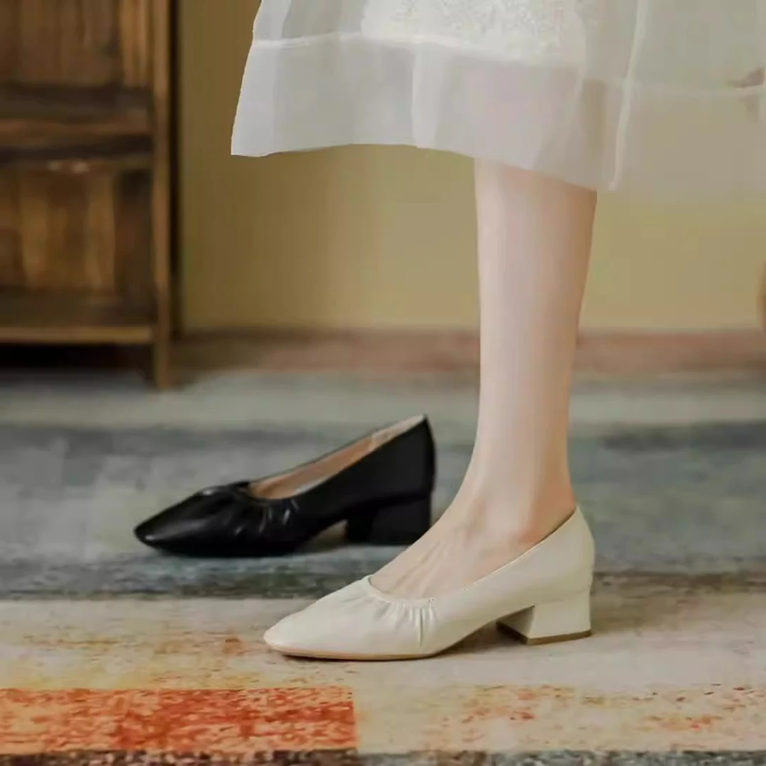 2024女鞋单鞋时尚百搭懒人粗跟方头浅口舒适中跟粗跟通勤气质