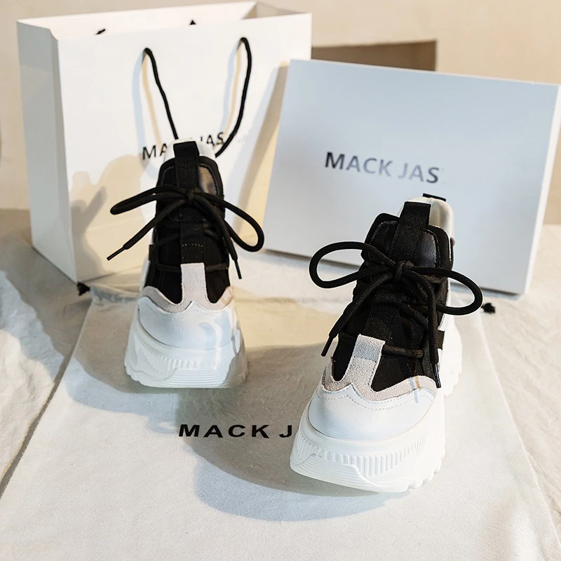 香港MACKJASCHK真皮鞋子2024春秋高帮运动厚底10CM内增高老爹鞋女