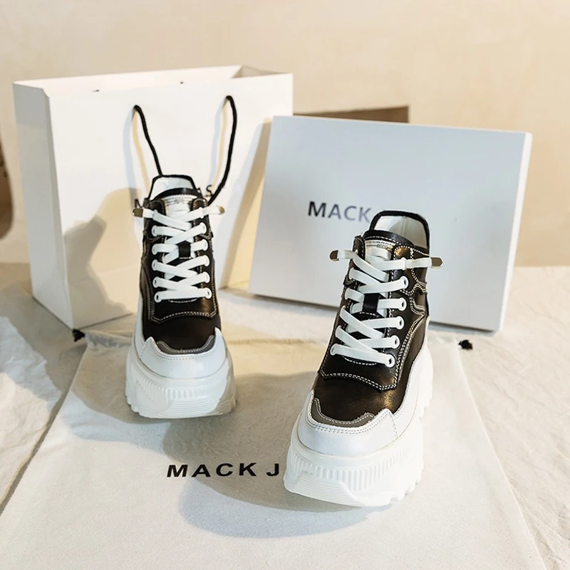 香港MACKJASCHK正品真皮2024春季高帮运动百搭厚底内增高老爹鞋女