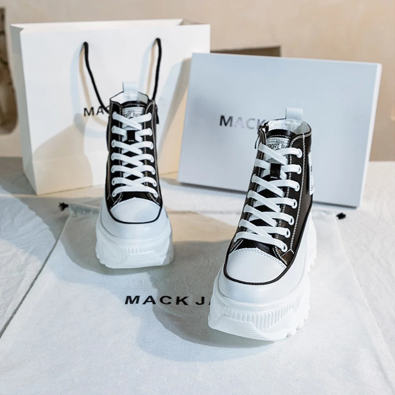 香港MACKJASCHK正品真皮2024春季高帮百搭运动厚底内增高老爹鞋女