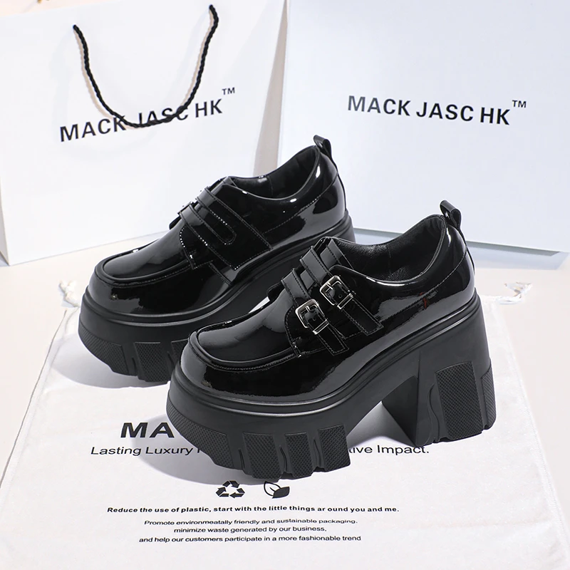 香港MACKJASCHK乐福鞋单鞋2024春季新款粗跟厚底11CM高跟小皮鞋女