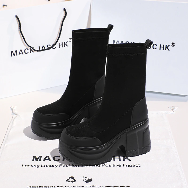 香港MACKJASCHK飞织短靴女2024秋季新款厚底内增高12CM中筒袜靴女