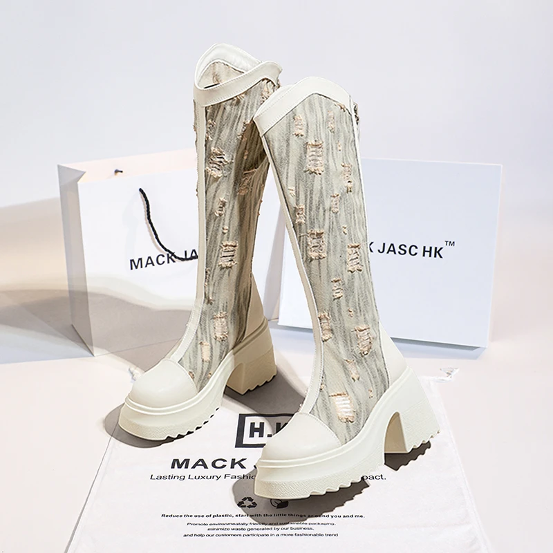 香港MACKJASCHK牛仔不过膝靴女2024秋冬新款内增高小个子骑士靴女