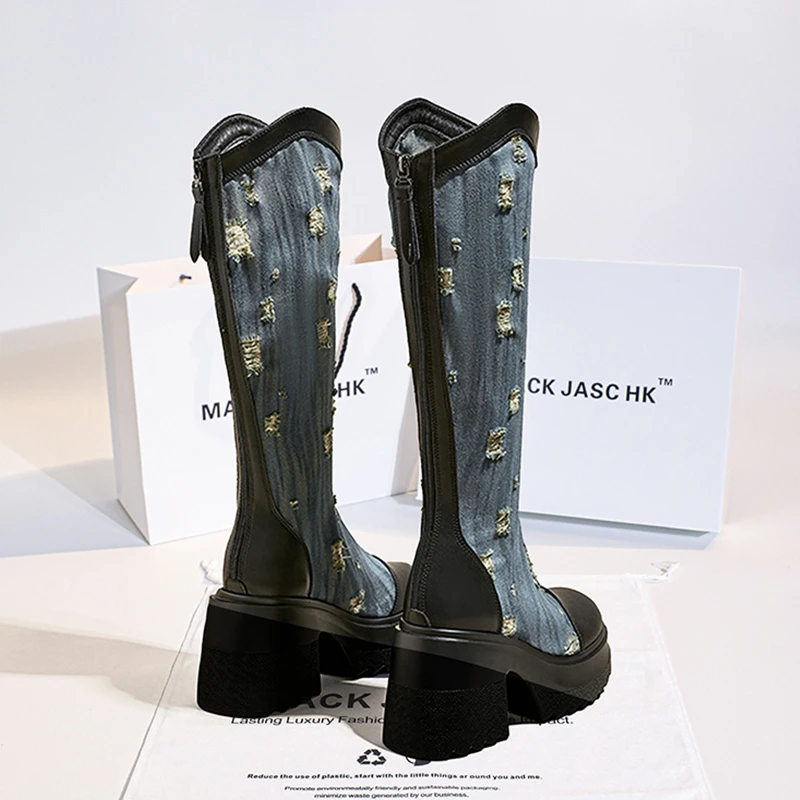 香港MACKJASCHK12CM牛仔布增高筒靴2024秋季新款厚底小个子长靴女