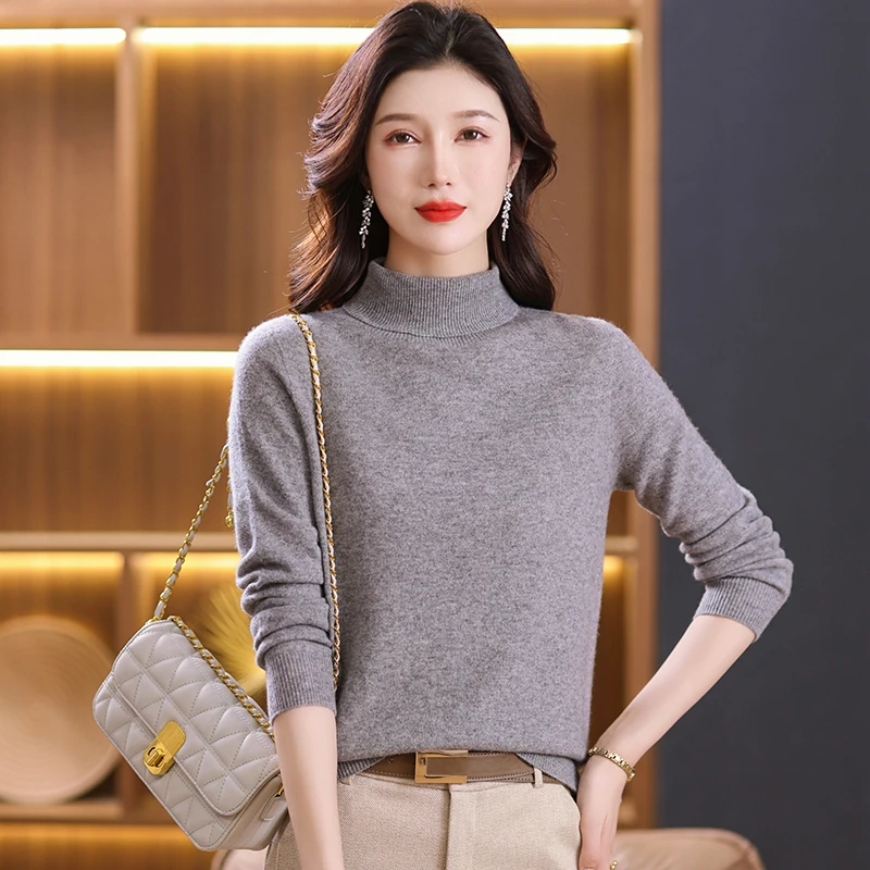 春秋纯羊毛女士秋冬无缝纯色百搭时尚宽松修身针织长袖两翻领高领