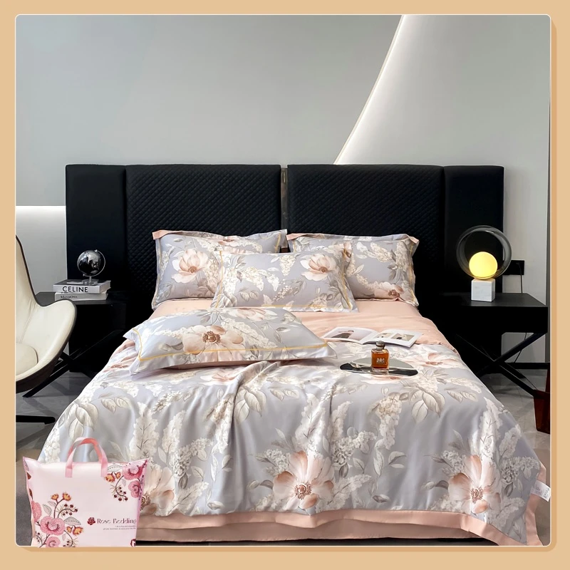 OUSHILUO/欧诗罗2024轻奢大版印花水洗冰柔丝夏被四件套礼品袋jy8