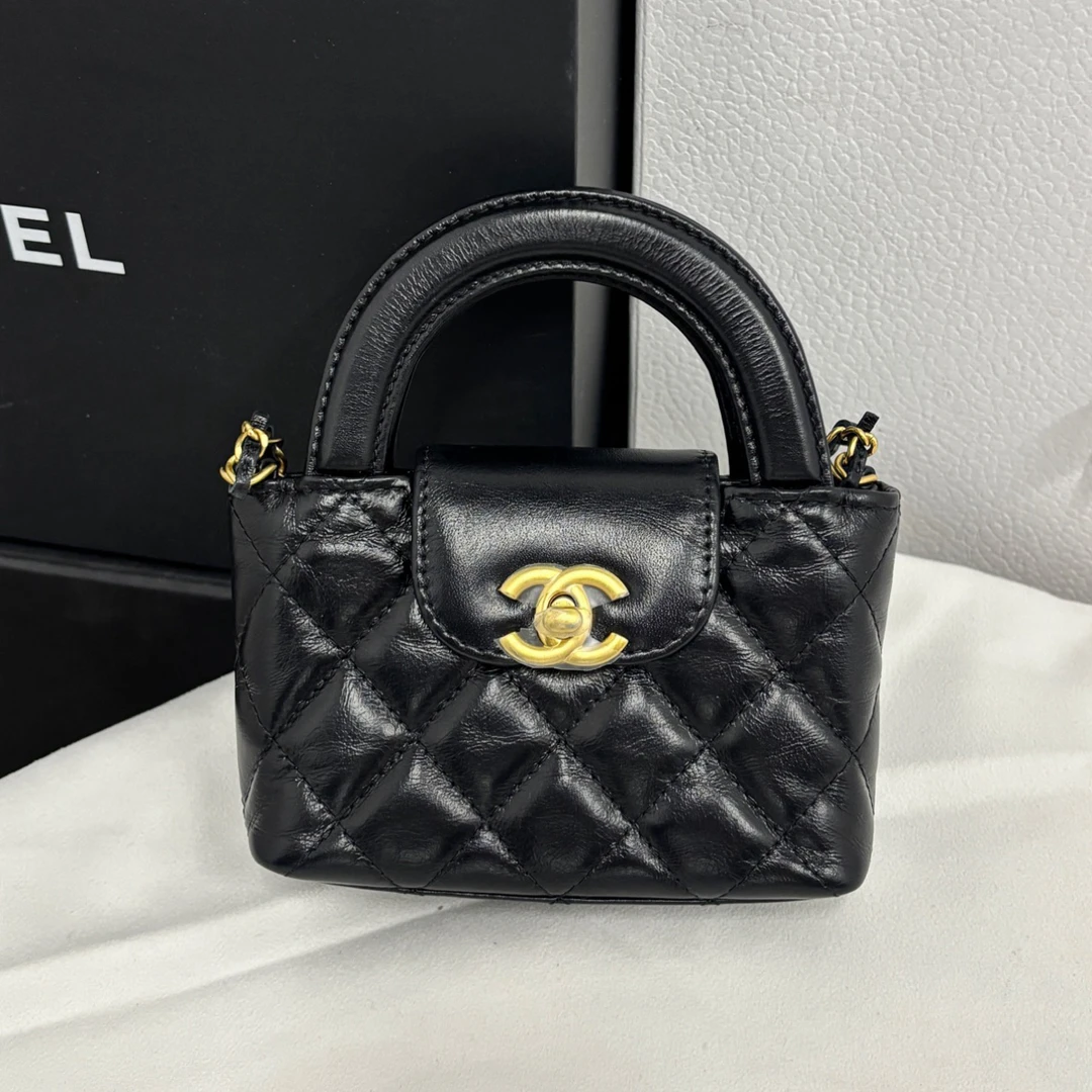 99新 Chanel/香奈儿 24A黑金扣牛皮Kelly mini手提斜挎包