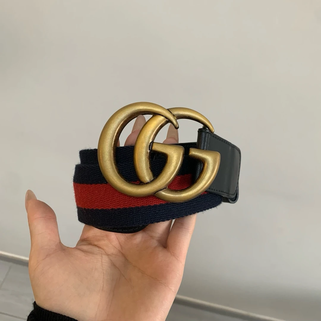 99新 GUCCI/古驰 帆布拼皮双G腰带经典百搭