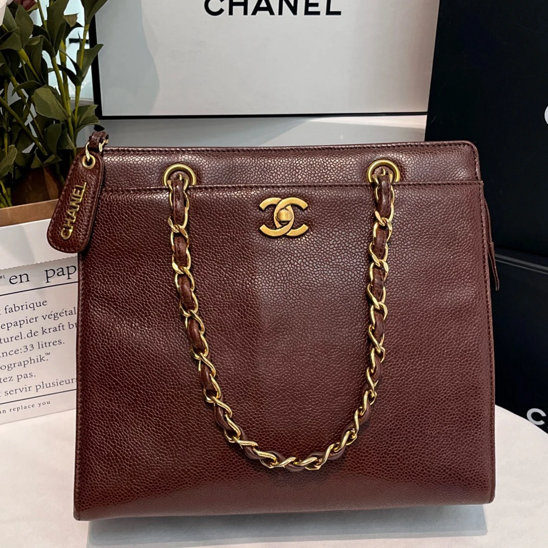 95新 Chanel/香奈儿 中古巧克力棕色荔枝牛琴谱包